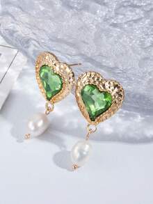SHEIN Belle 水鑽愛心裝飾珍珠耳墜 - 綠色 - 查看 5
