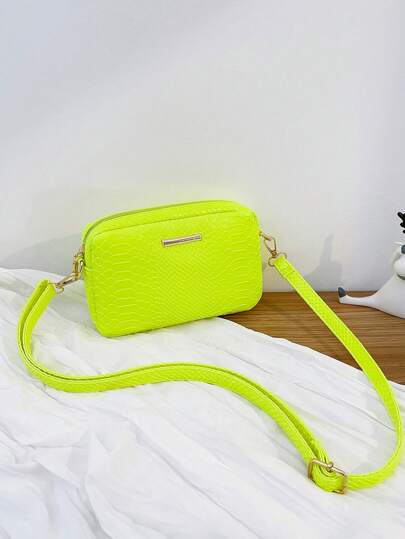 Mini Neon Yellow Snakeskin Embossed Metal Decor Square Bag, Yellow
