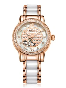 Rhinestone Decor Hollow Out Mechanical Watch