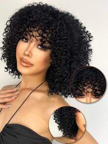 nimoki Short Curly Synthetic Wig With Bangs - Black - View 7