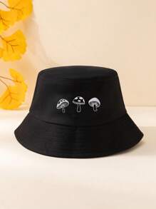 1入中性Y2K風格印花三朵蘑菇漁夫帽，野外運動防曬帽，適用於戶外活動、遮陽和日常通勤 - 黑色 - 查看 1