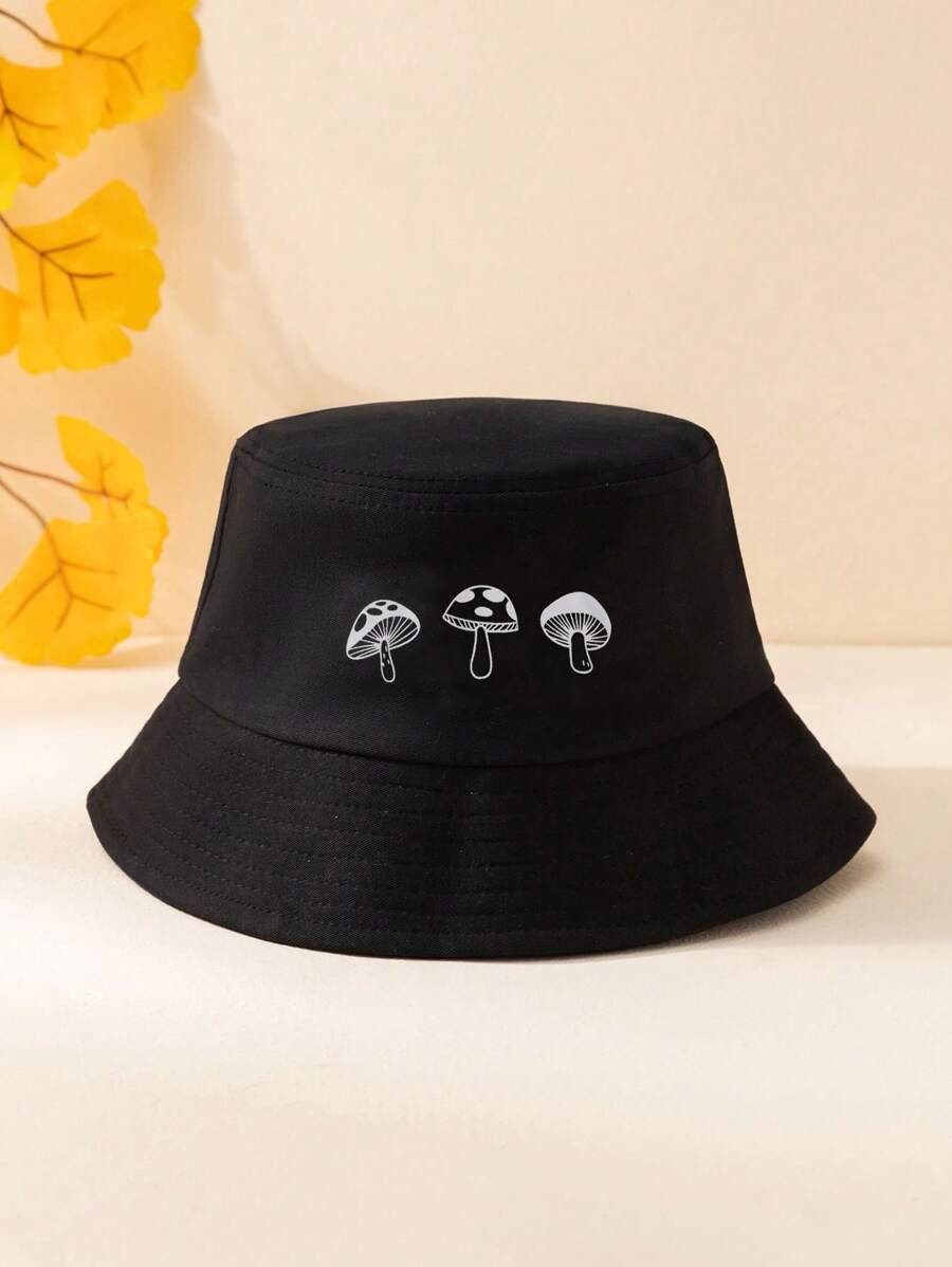 1入中性Y2K風格印花三朵蘑菇漁夫帽，野外運動防曬帽，適用於戶外活動、遮陽和日常通勤 - 黑色 - 查看 1