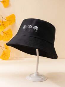 1入中性Y2K風格印花三朵蘑菇漁夫帽，野外運動防曬帽，適用於戶外活動、遮陽和日常通勤 - 黑色 - 查看 2