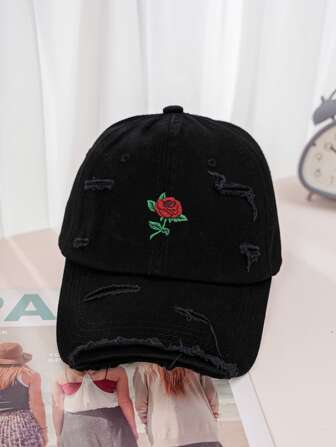 1pc Y2k Style Rose Embroidery Distressed Baseball Cap Outdoor Sun Protection Hat, Suitable For Outdoor Sports And Daily Commuting Casual Valentine's Day