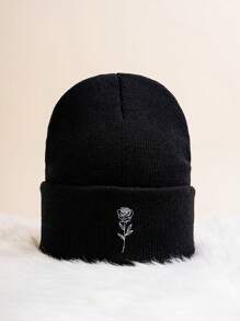 1pc Y2k Style Embroidered Knit Hat Outdoor Windproof Knit Beanie, Casual Winter Warm Cap Suitable For Daily Commuting Street Valentine's Day Valentines - Black - View 2