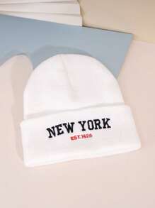 1入組中性款Y2k風格針織滑雪帽，刺繡紐約設計，適合冬季戶外活動和日常穿搭 - 白色 - 查看 1