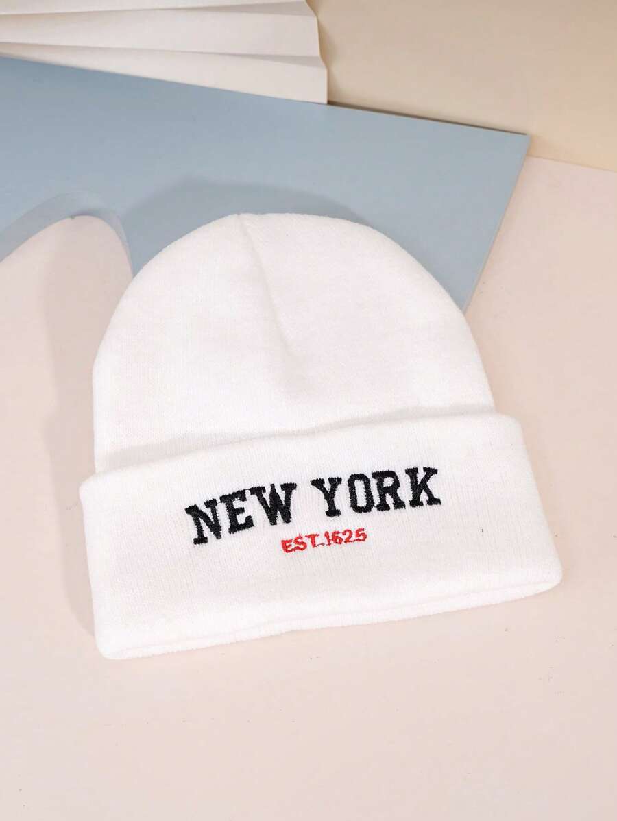 1入組中性款Y2k風格針織滑雪帽，刺繡紐約設計，適合冬季戶外活動和日常穿搭 - 白色 - 查看 1