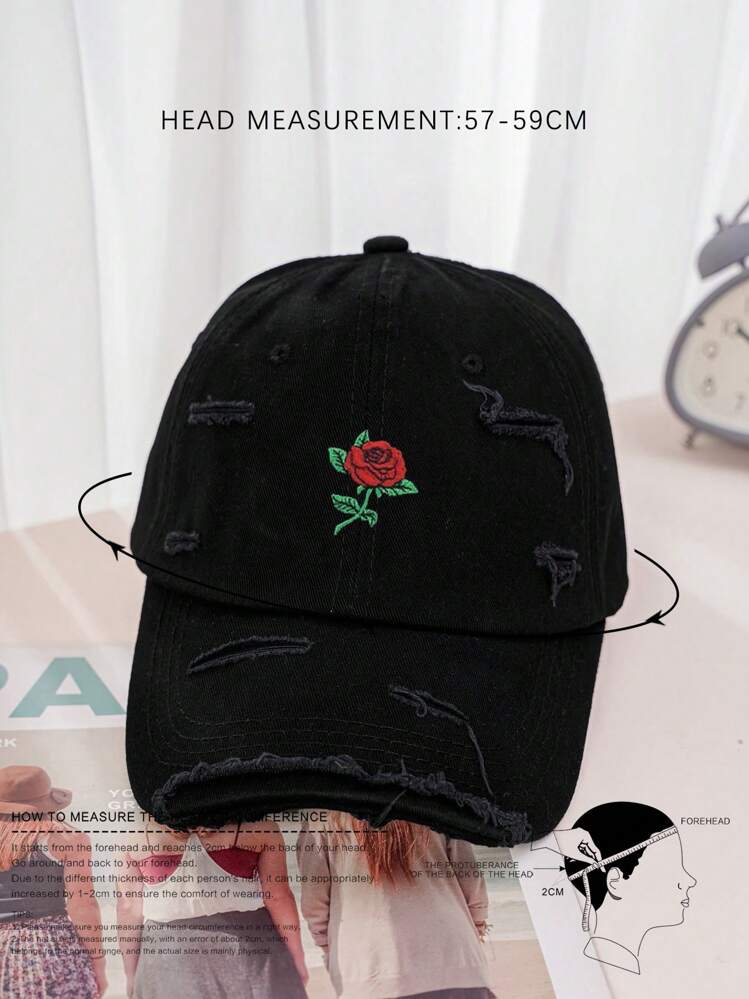 1pc Y2k Style Rose Embroidery Distressed Baseball Cap Outdoor Sun Protection Hat, Suitable For Outdoor Sports And Daily Commuting Casual Valentine's Day,Festival,Travel - Black - View 3