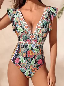 SHEIN Swim 印花荷葉邊深V領荷葉邊連體泳衣 - 黑色 - 查看 1