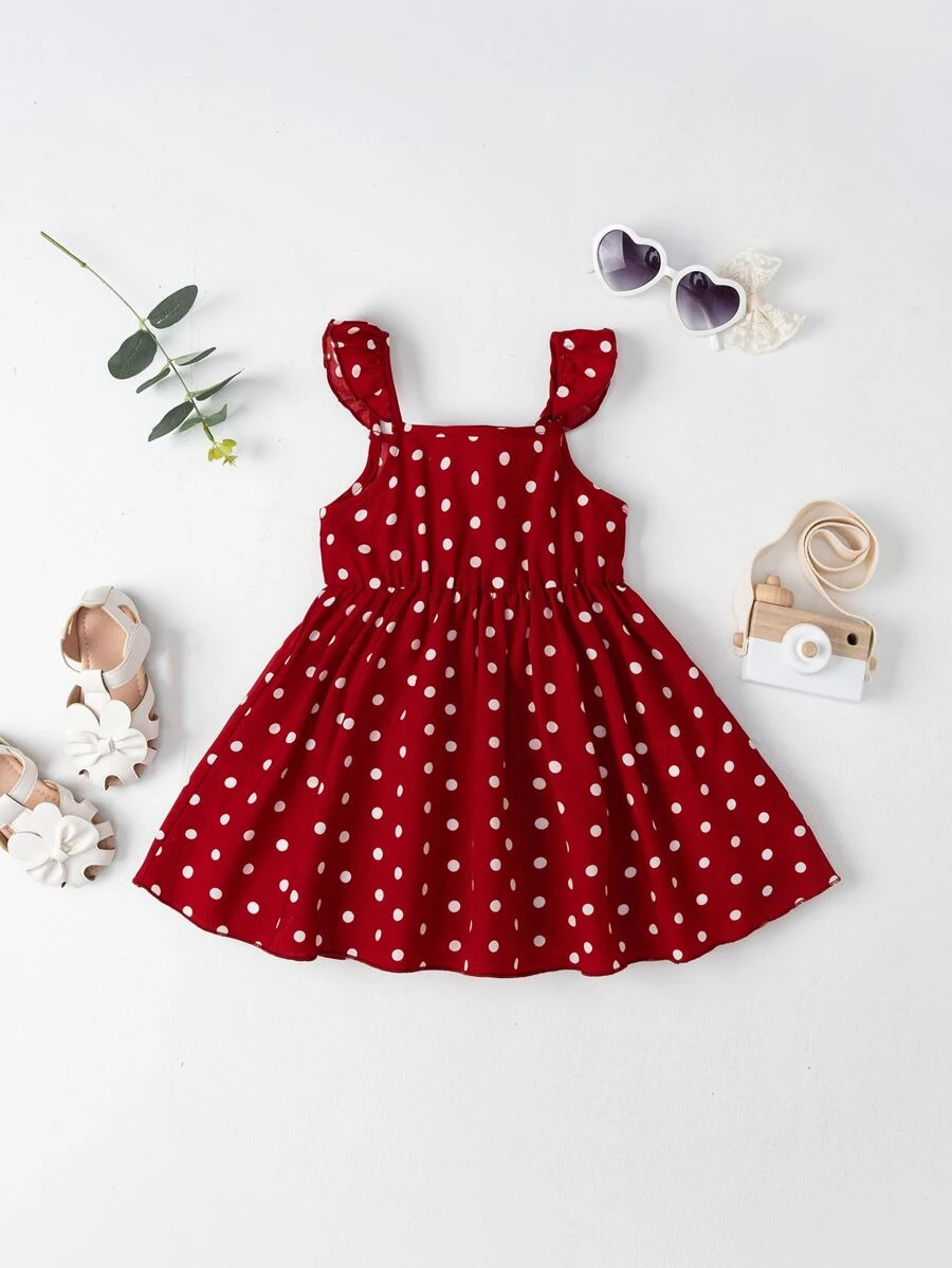 SHEIN Vestido De Bebé Niña Con Borde De Volante Y Estampado De Lunares - Rojo y blanco - Ver 1