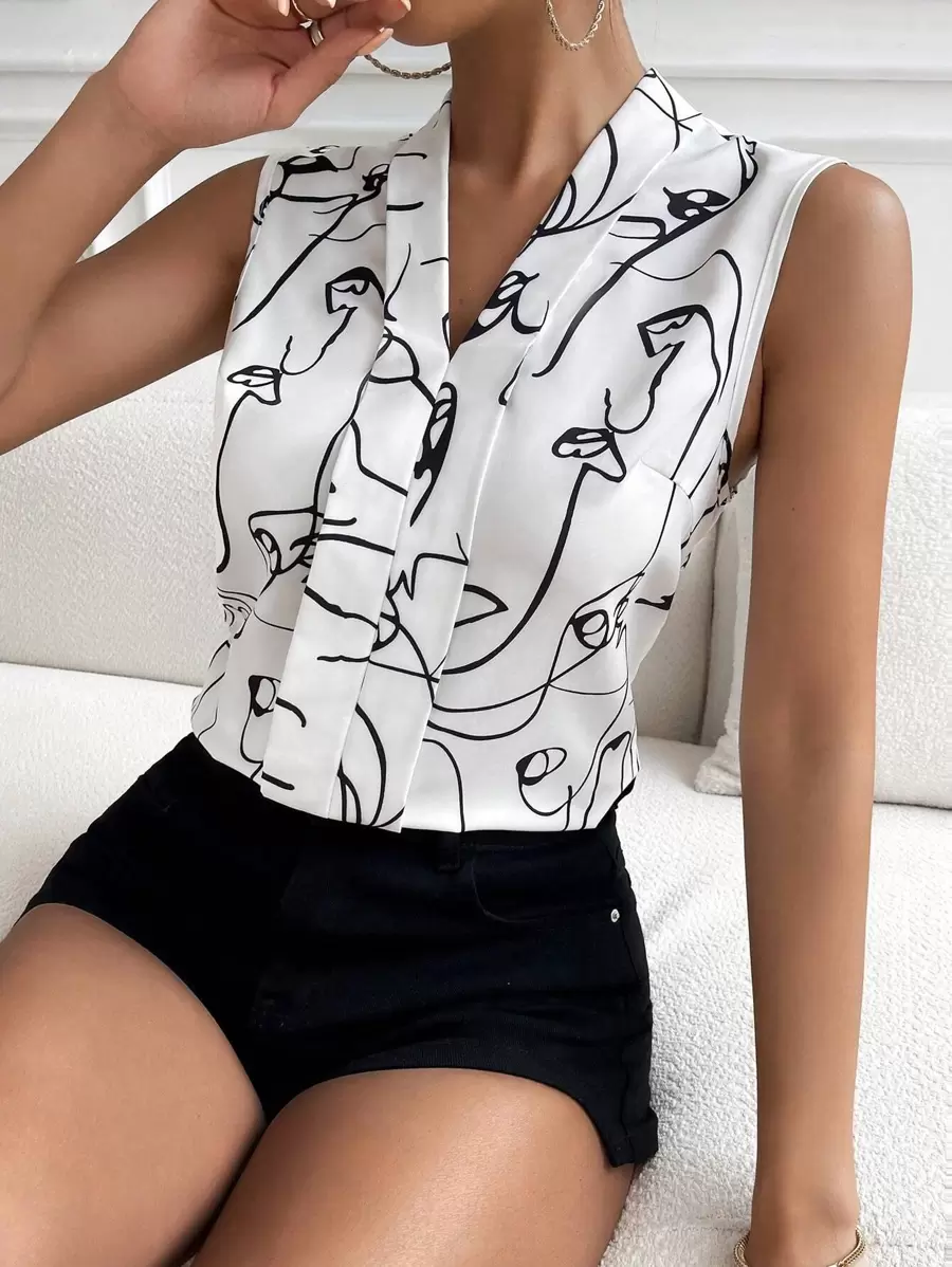 Chiquease 抽象人物圖案褶皺細節無袖襯衫 - 白色 - 查看 1
