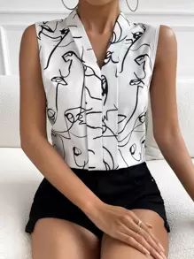 Chiquease 抽象人物圖案褶皺細節無袖襯衫 - 白色 - 查看 4