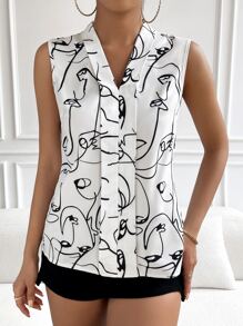 Chiquease 抽象人物圖案褶皺細節無袖襯衫 - 白色 - 查看 6