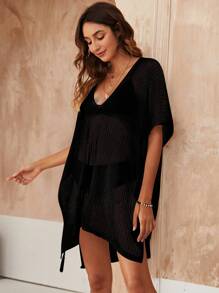 Batwing Sleeve Tassel Detail Split Hem Open Knit Cover Up Without Bikini - Black - View 1