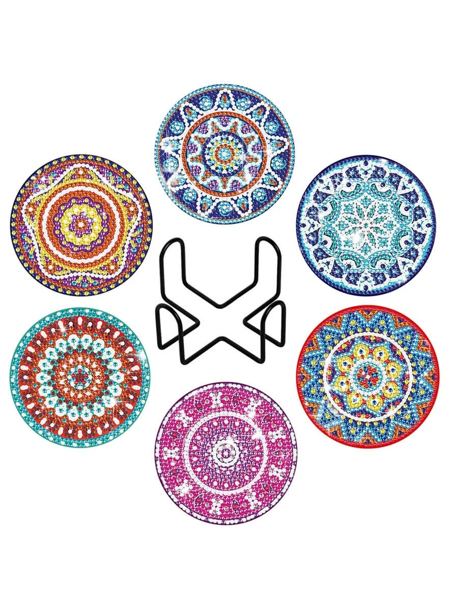 6 chiếc Tranh kim cương hình tròn đầy màu sắc hoa văn Mandala, Đế lót ly hiện đại cho DIY - Nhiều màu - Xem 1