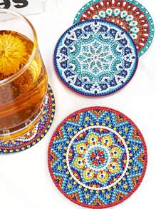 6 chiếc Tranh kim cương hình tròn đầy màu sắc hoa văn Mandala, Đế lót ly hiện đại cho DIY - Nhiều màu - Xem 6