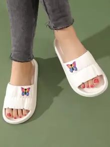 Preppy Indoor Slides For Women, Texture Embossed Cartoon Butterfly Decor Single Band EVA Slippers