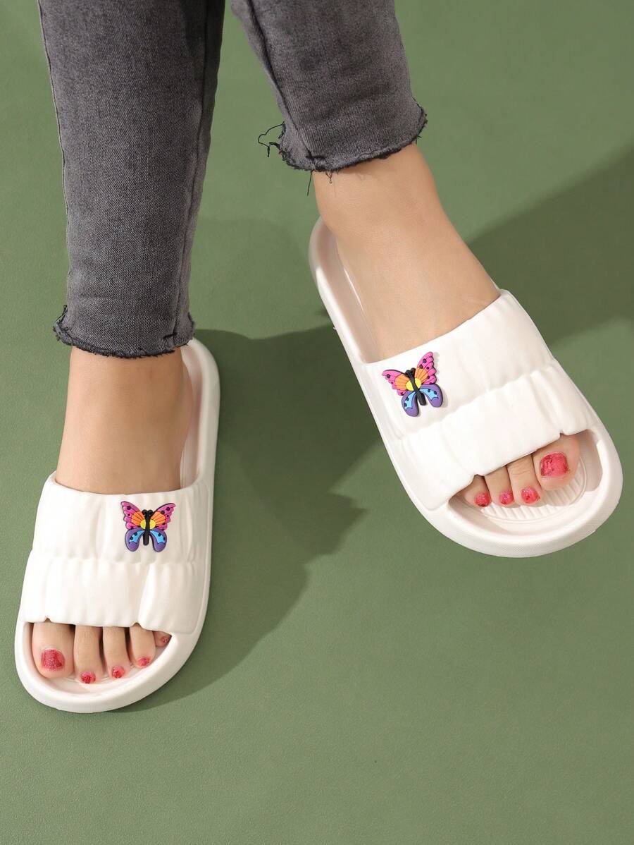 Preppy Indoor Slides For Women, Texture Embossed Cartoon Butterfly Decor Single Band EVA Slippers