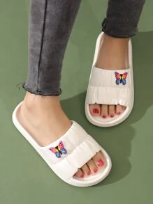 Preppy Indoor Slides For Women, Texture Embossed Cartoon Butterfly Decor Single Band EVA Slippers