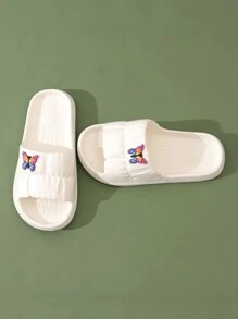 Preppy Indoor Slides For Women, Texture Embossed Cartoon Butterfly Decor Single Band EVA Slippers