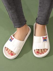 Preppy Indoor Slides For Women, Texture Embossed Cartoon Butterfly Decor Single Band EVA Slippers