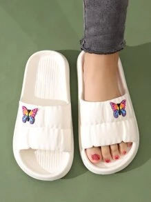 Preppy Indoor Slides For Women, Texture Embossed Cartoon Butterfly Decor Single Band EVA Slippers