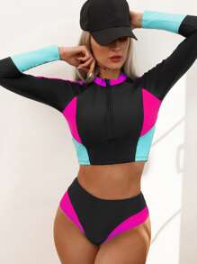 SHEIN Swim Color Block Zip Front Rashguard With Long Sleeve Swim Shirt,Summer Beach
