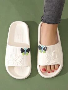 學院拖鞋適用於女士字母圖案卡通蝴蝶裝飾單帶拖鞋