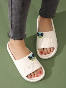 學院拖鞋適用於女士字母圖案卡通蝴蝶裝飾單帶拖鞋