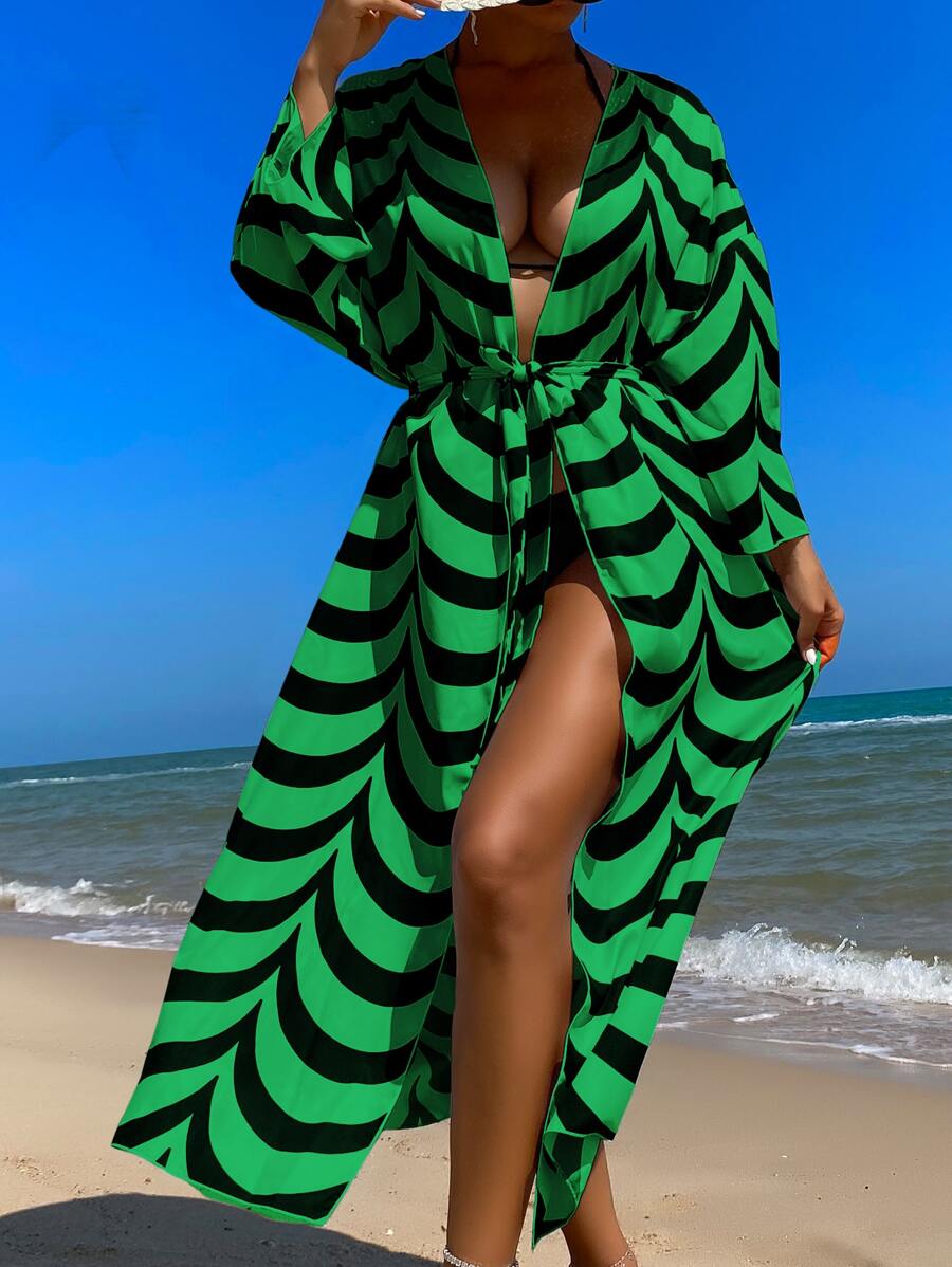 滿版印花腰帶和服罩衫 - 綠色 - 查看 1