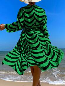 滿版印花腰帶和服罩衫 - 綠色 - 查看 2