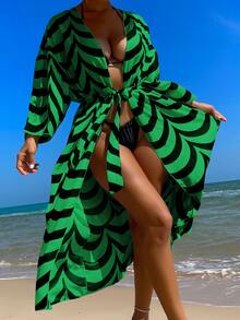 滿版印花腰帶和服罩衫 - 綠色 - 查看 5