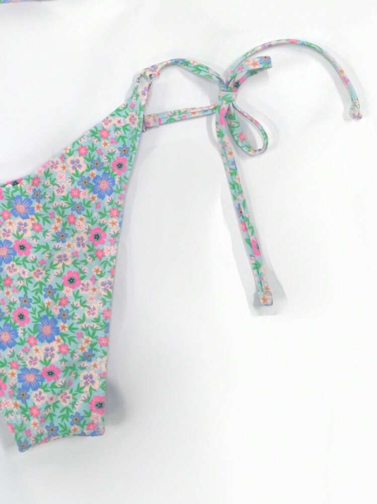 SHEIN Swim Ditsy Floral Print Halter Tie Side Bikini Set,Summer Beach - Multicolor - View 7