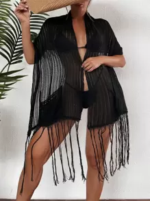 SHEIN Swim 夏季流苏边蝙蝠袖和服（不含比基尼）套装 - 黑色 - 查看 3