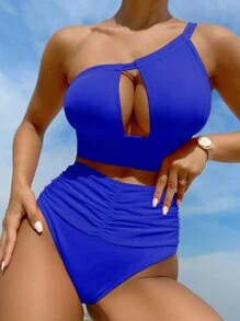 Cut Out Ruched One Shoulder High Waisted Bikini Set Summer Beach - Royal Blue - View 1