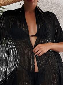 SHEIN Swim 夏季流苏边蝙蝠袖和服（不含比基尼）套装 - 黑色 - 查看 5