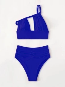 Cut Out Ruched One Shoulder High Waisted Bikini Set Summer Beach - Royal Blue - View 3