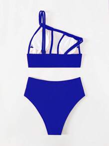 Cut Out Ruched One Shoulder High Waisted Bikini Set Summer Beach - Royal Blue - View 4