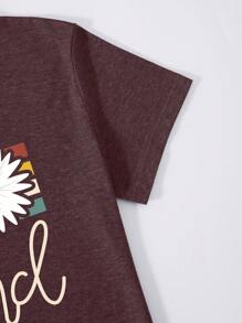 SHEIN LUNE Floral And Slogan Graphic Tee - Maroon - View 3