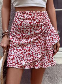 Breezaya Allover Floral Print Drawstring Ruffle Trim Skirt