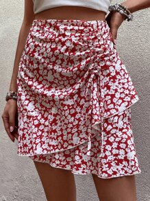 Breezaya Allover Floral Print Drawstring Ruffle Trim Skirt