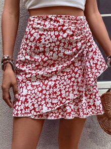 Breezaya Allover Floral Print Drawstring Ruffle Trim Skirt