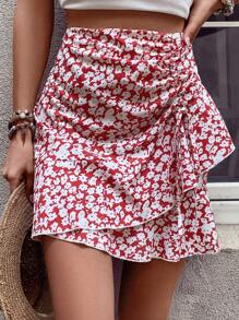 Breezaya Allover Floral Print Drawstring Ruffle Trim Skirt