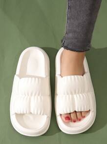 Preppy Indoor Slides For Women, Texture Embossed Single Band EVA Slippers - White - View 1
