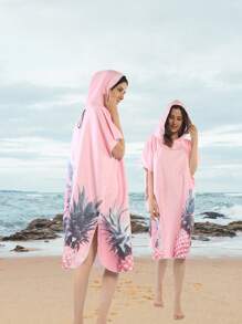 1pc Microfiber Bathrobe, Pineapple Pattern Hooded Bath Wrap Towel For Beach - Baby Pink - View 1