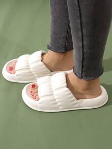 Preppy Indoor Slides For Women, Texture Embossed Single Band EVA Slippers - White - View 2