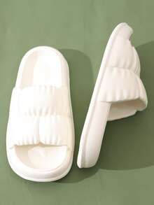 Preppy Indoor Slides For Women, Texture Embossed Single Band EVA Slippers - White - View 3