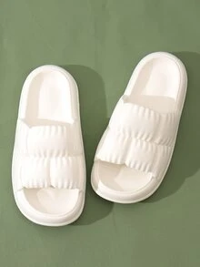 Preppy Indoor Slides For Women, Texture Embossed Single Band EVA Slippers - White - View 4