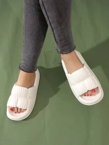 Preppy Indoor Slides For Women, Texture Embossed Single Band EVA Slippers - White - View 5