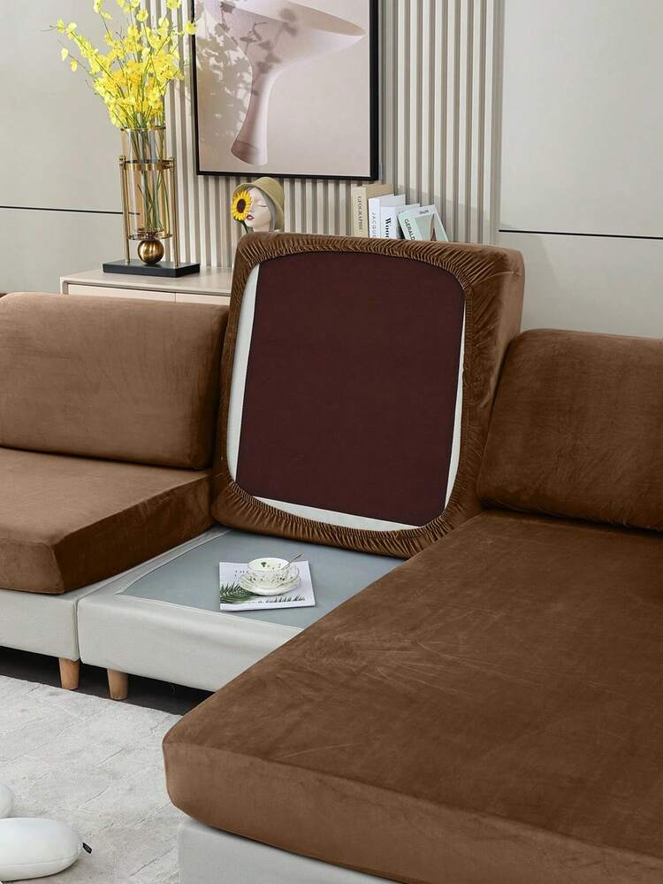 1pc Solid Stretchy Sofa Seat Cover, Minimalist Polyester Sofa Seat Cushion Cover For Home - Khaki - View 3
